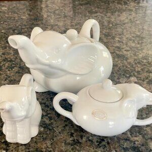 Set of Tea ware  White Elephant Porcelain Teapot, Sugar Bowl and Creamer Jug